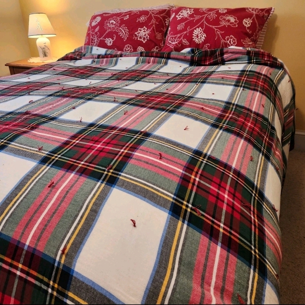 POTTERY BARN Stewart Plaid Cal King Reversible Flannel Sherpa Comforter Quilt